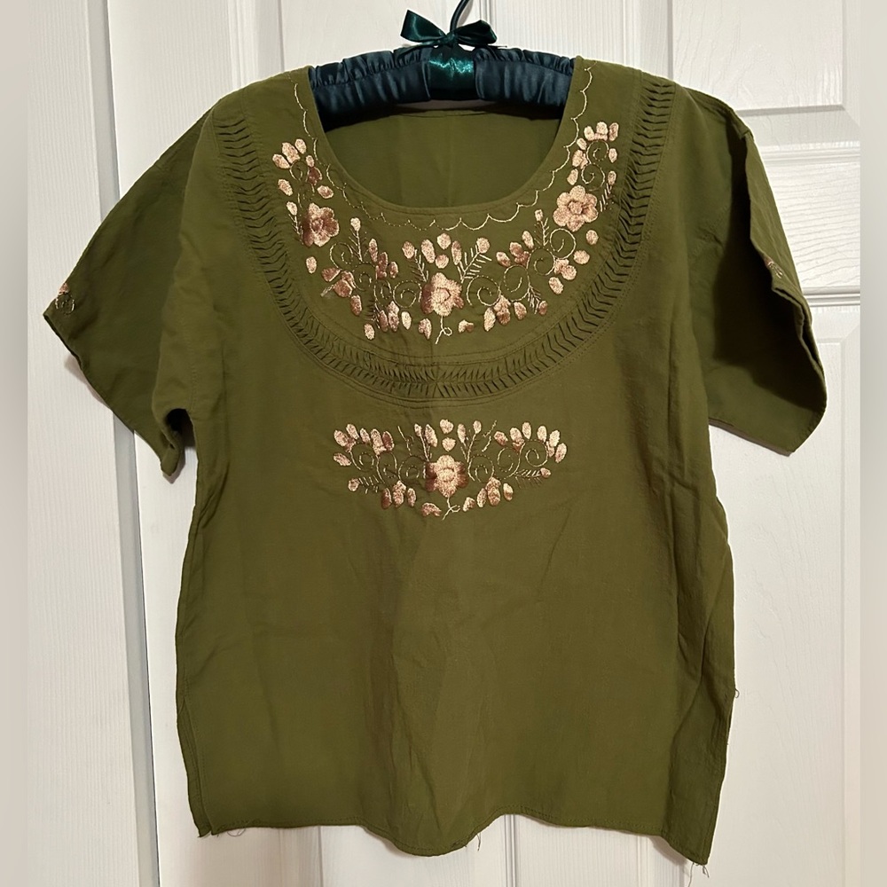 HANDMADE EMBROIDERED MEXICAN BLOUSE MEDIUM OLIVE GREEN & CREAMY GOLD NEW